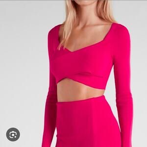 Express Hot Pink Criss Cross Seamless Crop Sweater Top Long Sleeve NWOT S Preppy